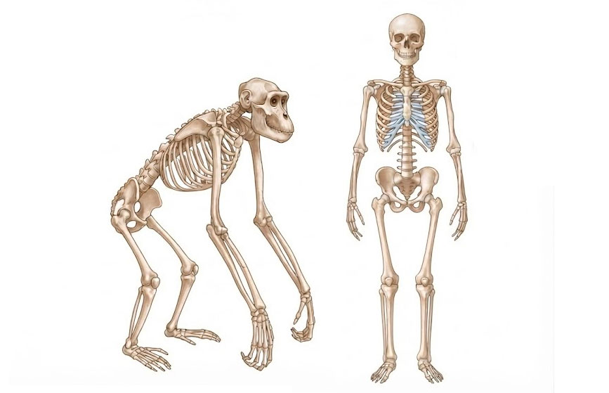 Comparación del esqueleto de un primate cuadrúpedo y un hominino bípedo.