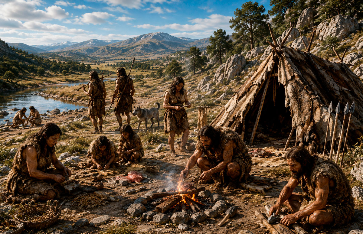 Campamento paleolítico de cazadores y recolectores.