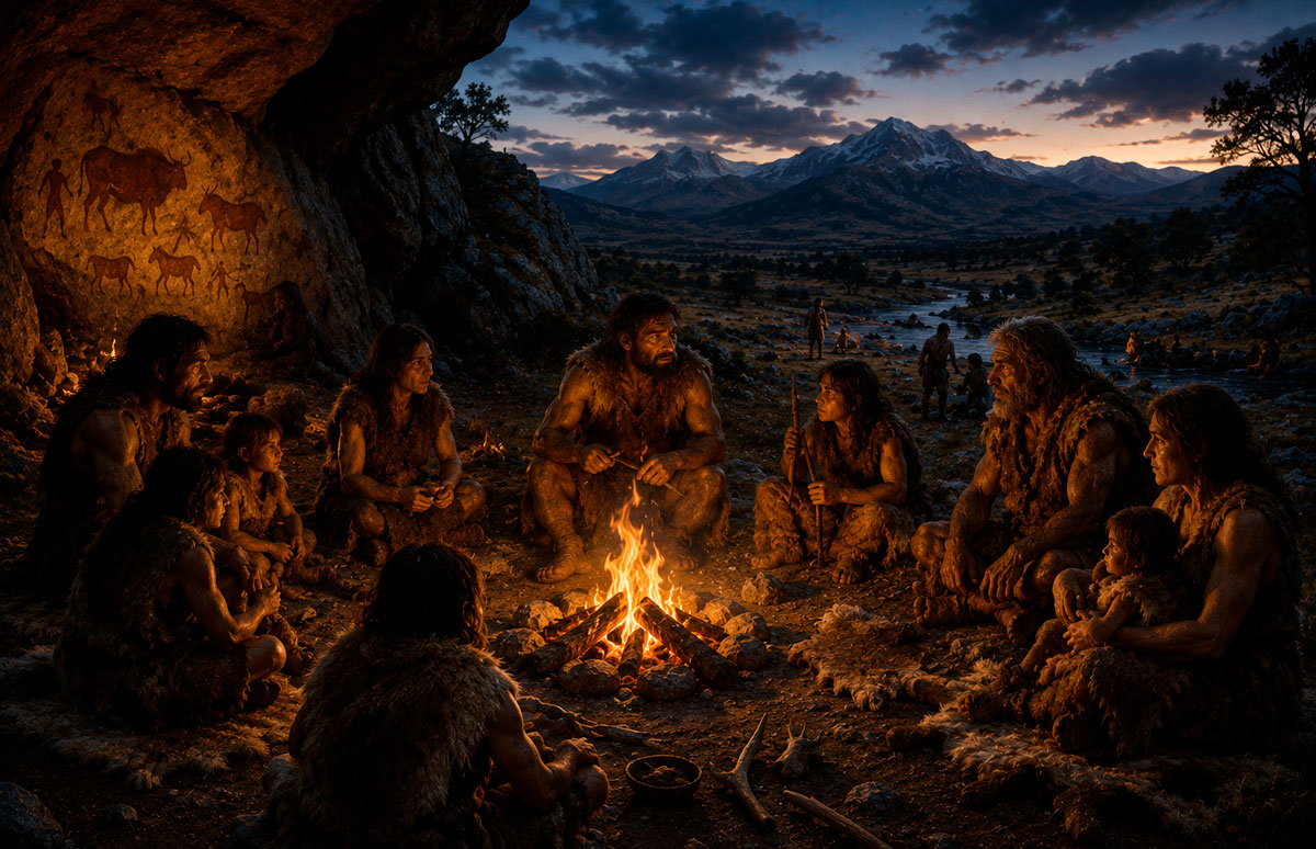 Grupo paleolítico reunido alrededor del fuego.