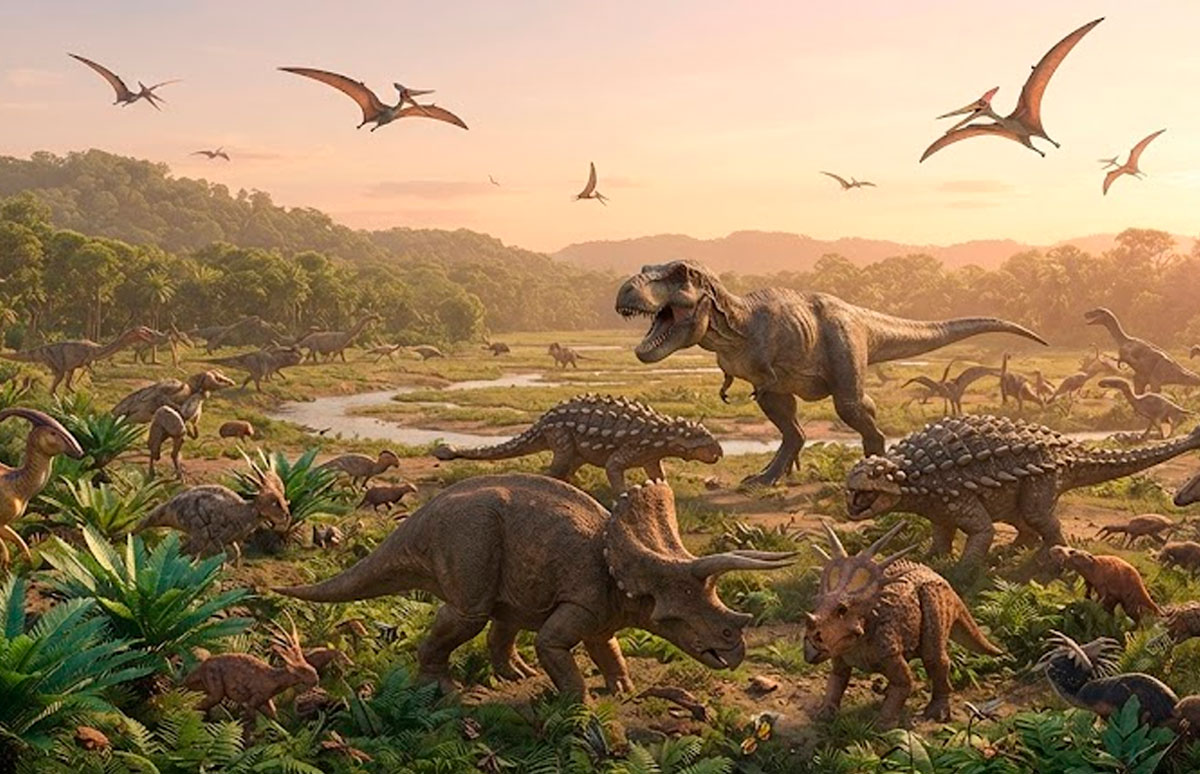Paisaje de la Era Mesozoica con dinosaurios y pequeños mamíferos.