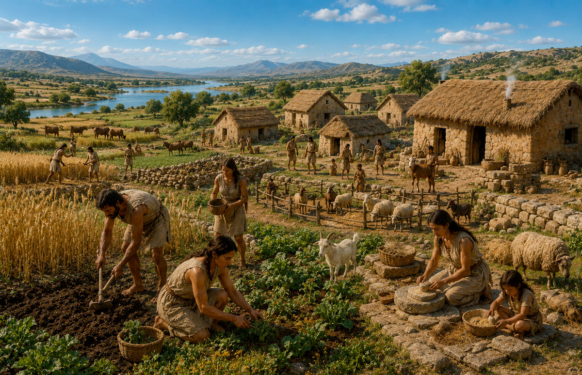 Poblado neolítico con agricultura y animales domesticados.